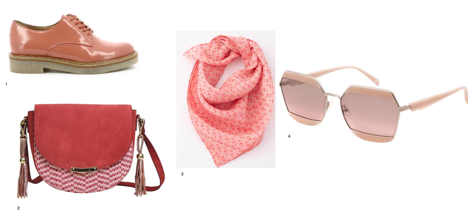 Photo de mode d'accessoires avec une paire de chaussures rose, un foulard rose, un sac rouge et des lunettes de soleils aux verres rosées, parue dans les boomeuses