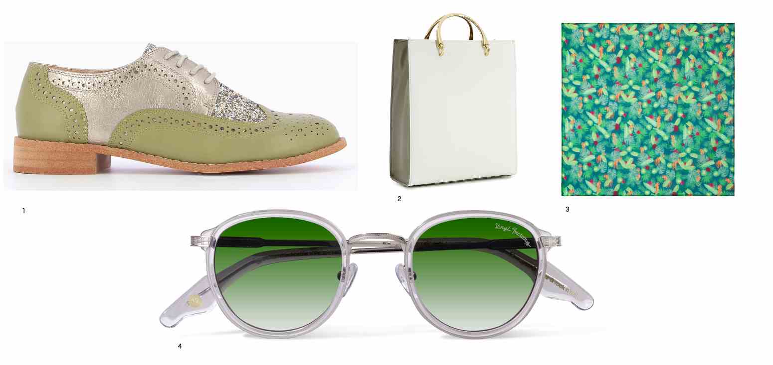 photo d'accessoires de mode avec un sac, des chaussures, un foulard et des lunettes de soleil, publié dans le magazine les boomeuses