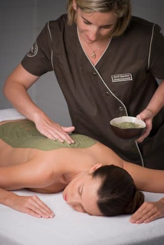 Femme en train d efair eun massage du dos avec de la boue verte